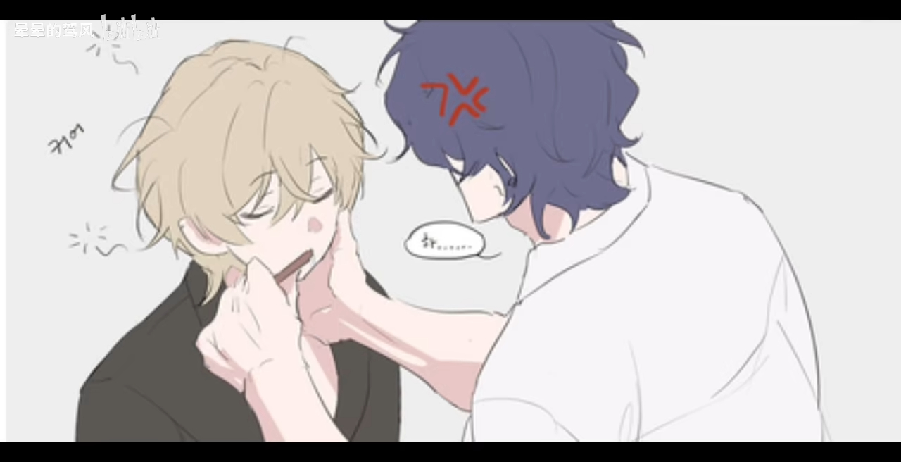the image shows a cartoonstyle drawing of two male figures in an aggressive interaction. the person on the right has dark blue, wavy hair and is wearing a white tshirt, grabbing the face of the person on the left, who has light blond hair and is wearing a black shirt. the person grabbing has an angry symbol above their head, and the other has a speech bubble. the background is a plain, light gray color. the overall style is reminiscent of anime, with detailed character designs and expressive emotions.