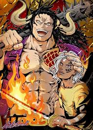 the image is a vibrant and dynamic piece of fanart depicting yamato and kaido from the popular anime and manga series, one piece.  yamato, with their white hair and yellow attire, stands protectively close to the enormous and powerfully built kaido, whose body is covered in flames and tattoos.  kaido's imposing figure dominates the artwork.  a sword is prominently featured in the foreground, adding to the dramatic and intense mood. the style is clearly animeinspired, with bold lines and exaggerated features. the overall feel is one of intense familial connection within a powerful, possibly violent, context.  the background is a fiery blur of color.