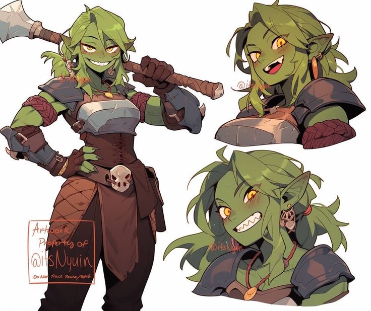 a digital illustration of a female orc with green skin and big yellow eyes, she's wielding an axe. her outfit consists of brown leather armor and a metal breastplate. the art is in an anime style, with large eyes and sharp, expressive features. the background is white. the art style is a bit cartoonish and exaggerated, with details such as the  orc's long, green hair.