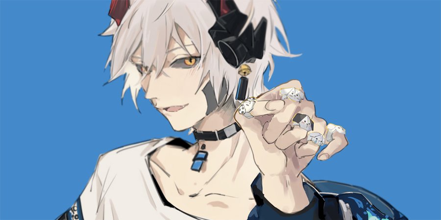 this is a digital art illustration of a young male anime character. he has white hair and blue eyes, a black choker around his neck, and is wearing a white shirt. he is smiling and his hand is raised towards the viewer, adorned with rings on every finger. the background is a solid blue.