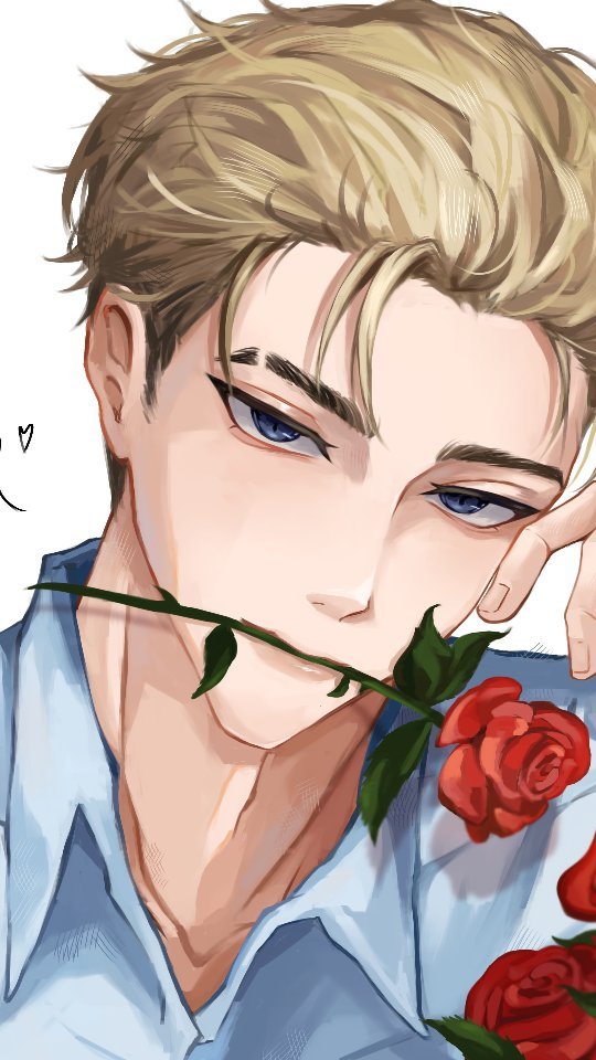 the image is a closeup, digital illustration of a young animestyle man with light blond hair and blue eyes. he is wearing a light blue collared shirt and is holding a single rose stem in his mouth. his hand is gently resting on his cheek, and there are a few additional roses visible in the lower right corner. the art style is soft and delicate, with a focus on detail and realism in the features and clothing. the overall mood is romantic and dreamy.