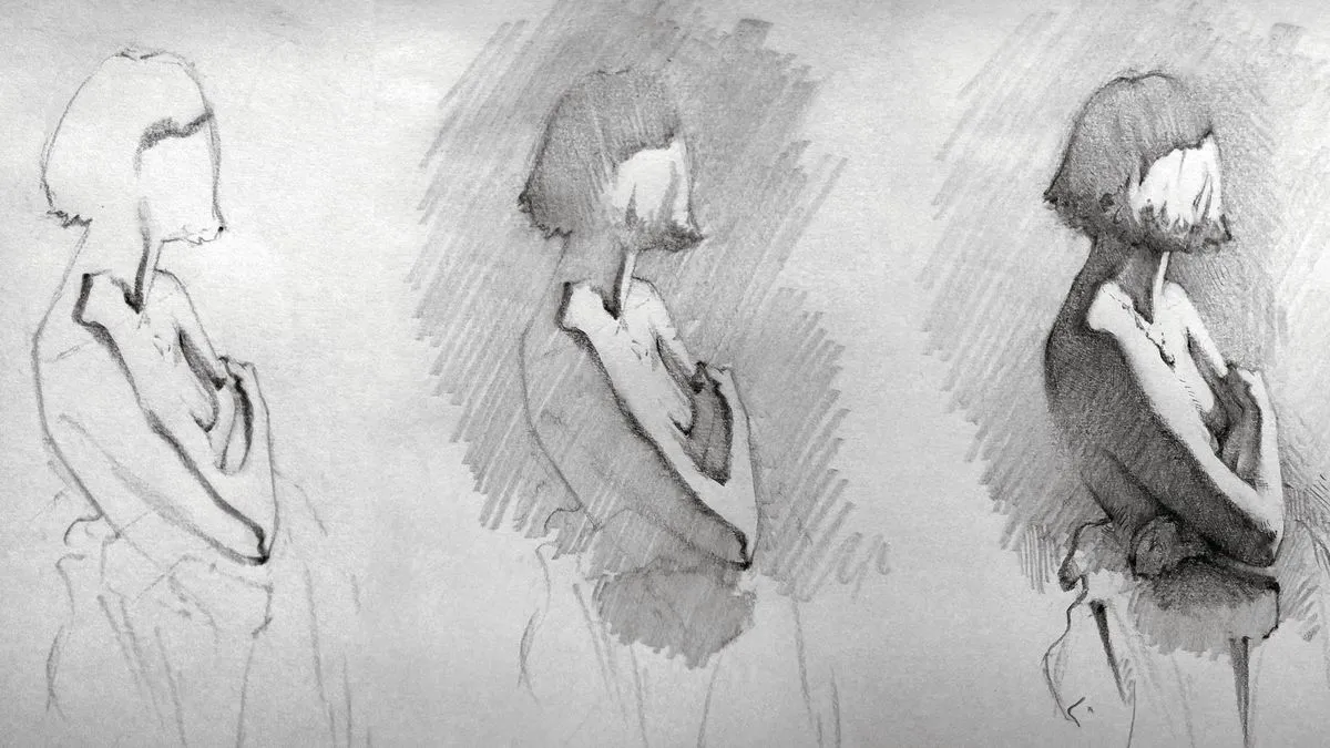 the image shows three stages of a charcoal or pencil figure drawing of a woman. the figure is shown from the side, with her head bowed and her arms crossed over her chest. the drawings progress from a light sketch to a more shaded and detailed rendering.