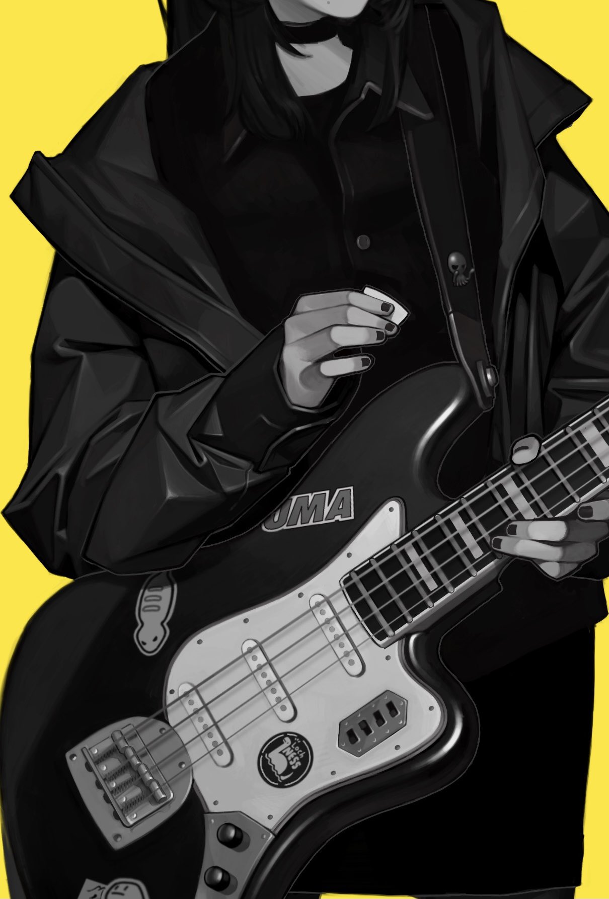 he image is a digital illustration of an animestyle girl playing a bass guitar. she is wearing a black leather jacket and has dark hair. the background is bright yellow, creating a striking contrast with the girl's dark clothing and the black and white tones of the illustration. the focus is on the girl and her instrument, with details such as her hands on the guitar and the guitar's design clearly visible. the overall style is edgy and cool, suggesting a rock or punk aesthetic.
