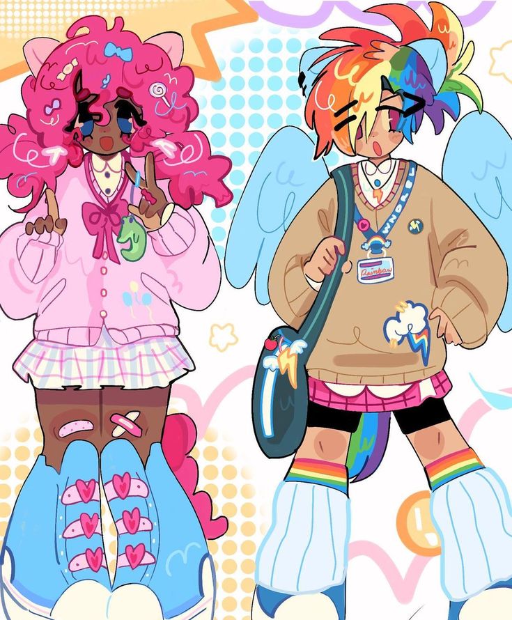 the image is a cartoon illustration of two young girls. both girls are wearing school uniforms and carrying bags. the girl on the left has pink hair and is wearing a pink sweater. the girl on the right has rainbow hair and is wearing a brown sweater. the girls are both looking at the viewer.