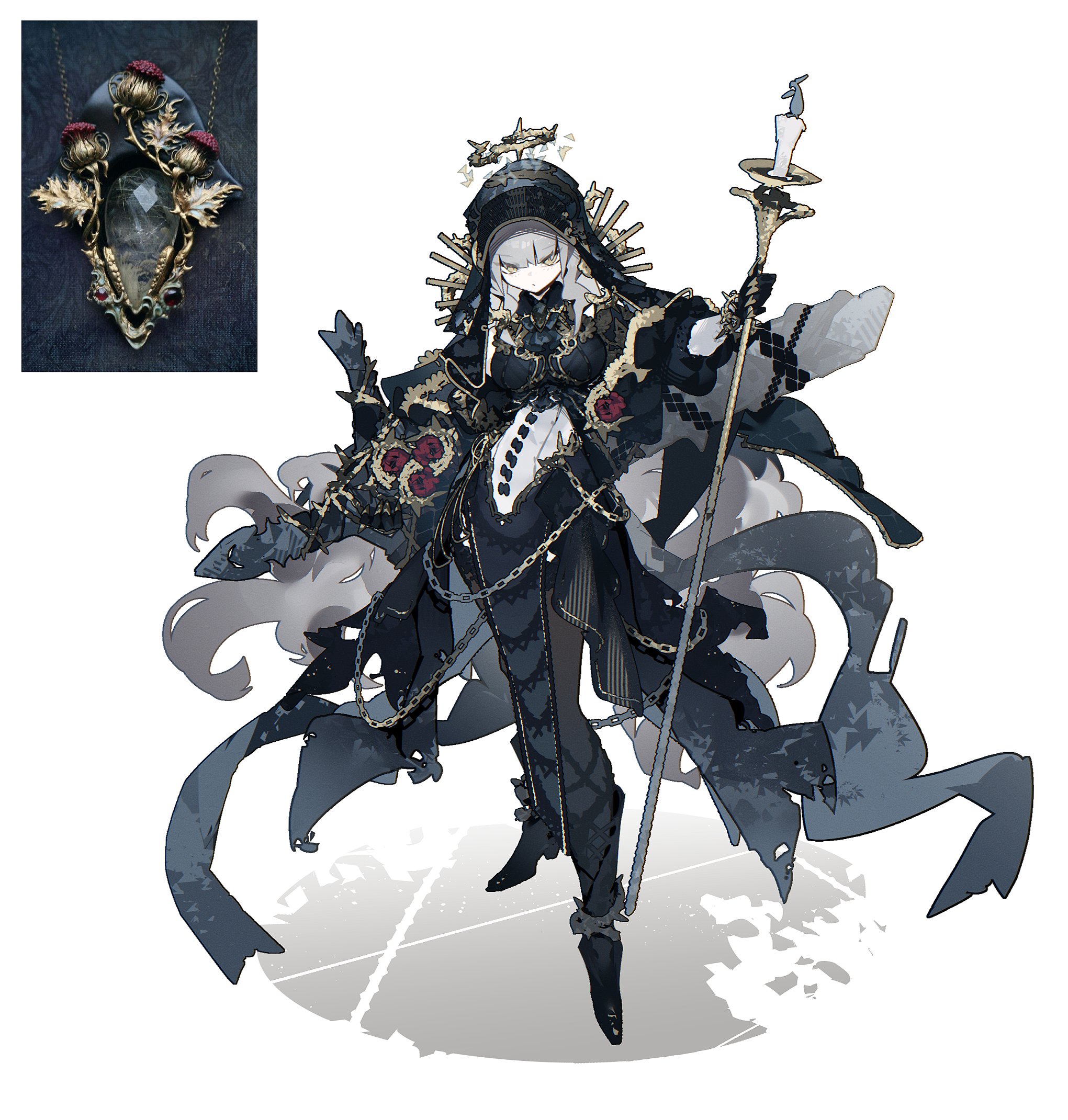 a digital illustration showcases a female character design, likely for a game or fantasy project. she stands against a minimalist grey background, clad in an elaborate black and silver outfit with religious overtones. her attire, a mix of flowing fabric and intricate metalwork, suggests a warrior nun or a figure of power within a dark, gothic setting.  she holds a long, ornate staff topped with a lit candle, and her left hand displays a piece of jewelry with a stylized flower design.  the overall palette is predominantly black, grey, and silver, with hints of red in the flower accents.