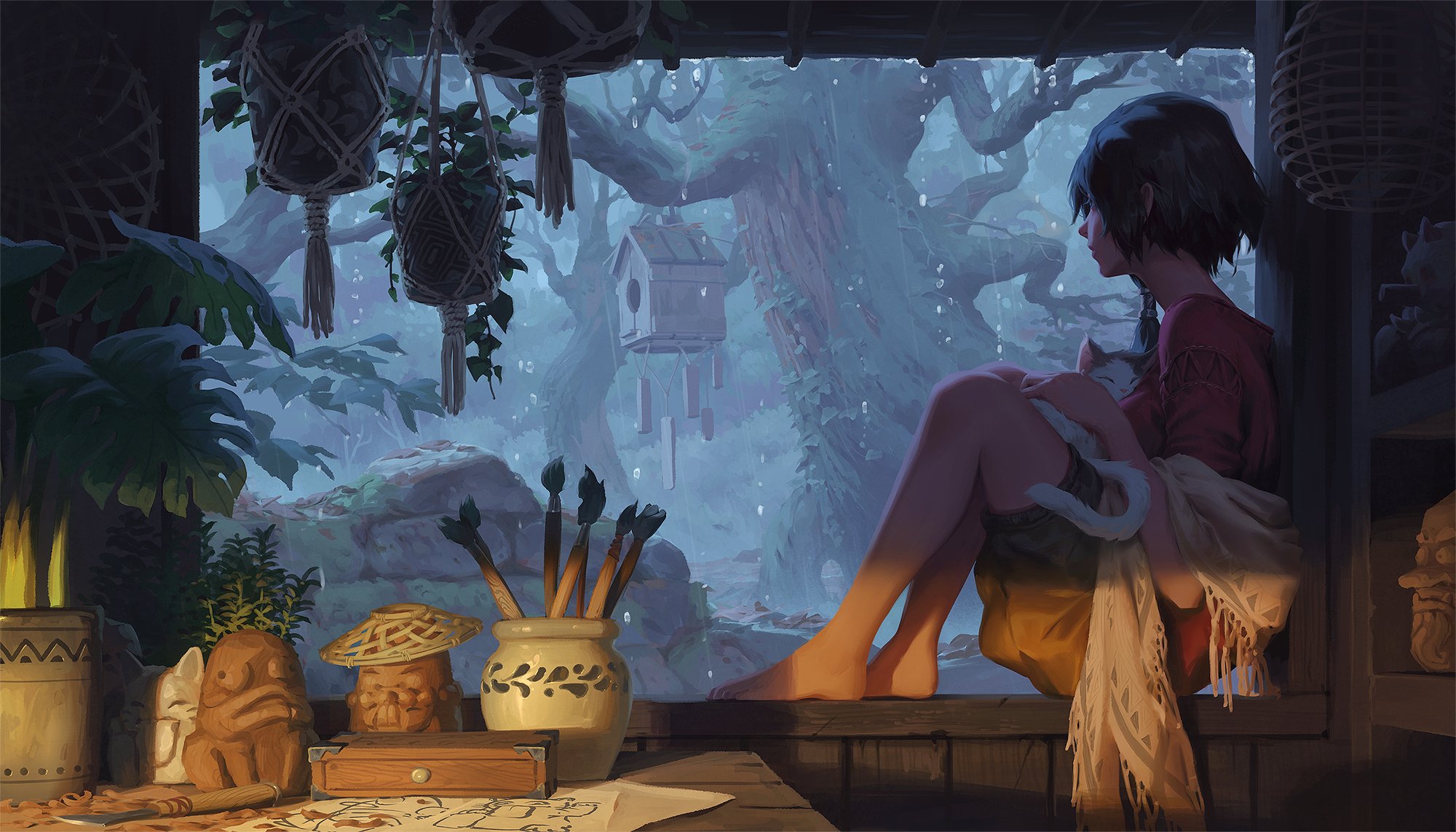 the image is a digital painting depicting an animestyle girl sitting on a window sill, looking out at a rainy forest scene. she is holding a white cat in her lap and is wrapped in a shawl. the window sill is adorned with various plants in hanging pots, art supplies, and small statues. the forest outside is dark and mysterious, with large trees and a birdhouse visible. the overall mood of the image is peaceful and serene, with a touch of fantasy.