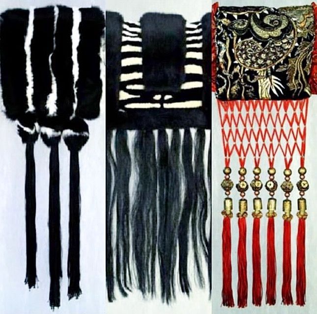 the image shows three distinct decorative textiles or embellishments. on the left is a black and white furlike material with alternating stripes and three long, straight black tassels. in the middle is a similar piece with black fur and zebrastriped sections at the top, followed by a long black fringe. on the right is a black fabric with gold orientalinspired designs, and beneath it, a series of red strings arranged in a zigzag pattern, each ending with a bead and a red tassel.