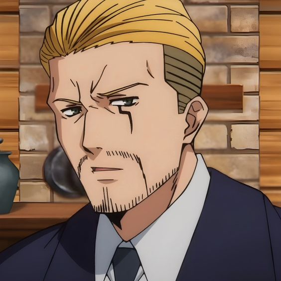 this anime image features the head and shoulders of an adult man with short blond hair, a goatee, and a scar across his left cheek.  he wears a dark suit and tie and has a serious expression on his face.  the background suggests he is indoors.