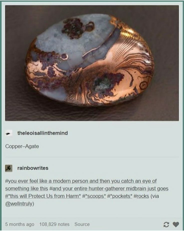 the image shows a copperagate rock on top of a tumblr post. the rock is a blend of copper and agate, and the text in the tumblr post mentions how it makes the user feel like a huntergatherer.