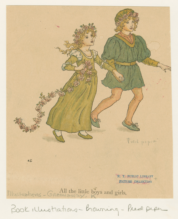 a vintage illustration by kate greenaway titled "all the little boys and girls," likely from a book illustration of the pied piper tale. it depicts a girl with a long green dress and a flower crown, holding a bouquet of roses, with a trail of roses behind her, and a boy in green attire, both running. the image is labeled with notes, including "illustrationsgreenaway, k," "book illustrationsbrowningpied piper," and "n.y. public library picture collection."