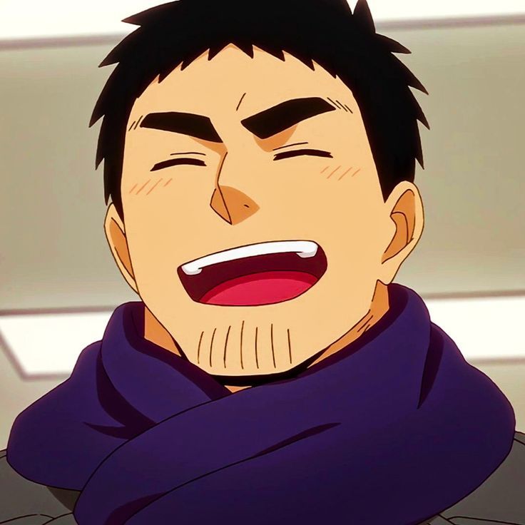 a closeup portrait of an anime character with black hair, a beard, and a purple scarf. he's smiling with his eyes closed and looks happy. the image is cropped at the chest.