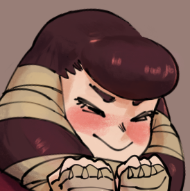 a close up of a smiling anime girl. she is blushing and her hands are covering her face as if she is shy. she has brown hair, brown eyes, and she is wearing a brown scarf. the art style is drawn in a cute and adorable way.