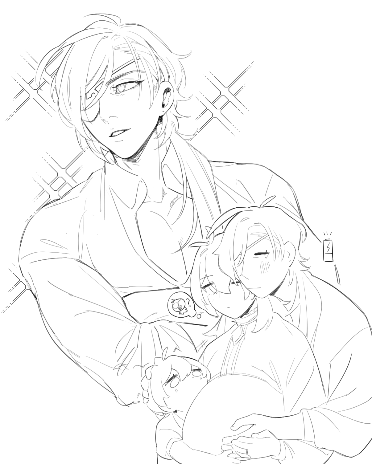 a black and white drawing of three people hugging each other. there is a man with long hair, a woman with long hair and a child. the man is holding the woman in his arms and she is holding the child in her arms. all three of them have happy expressions on their faces.