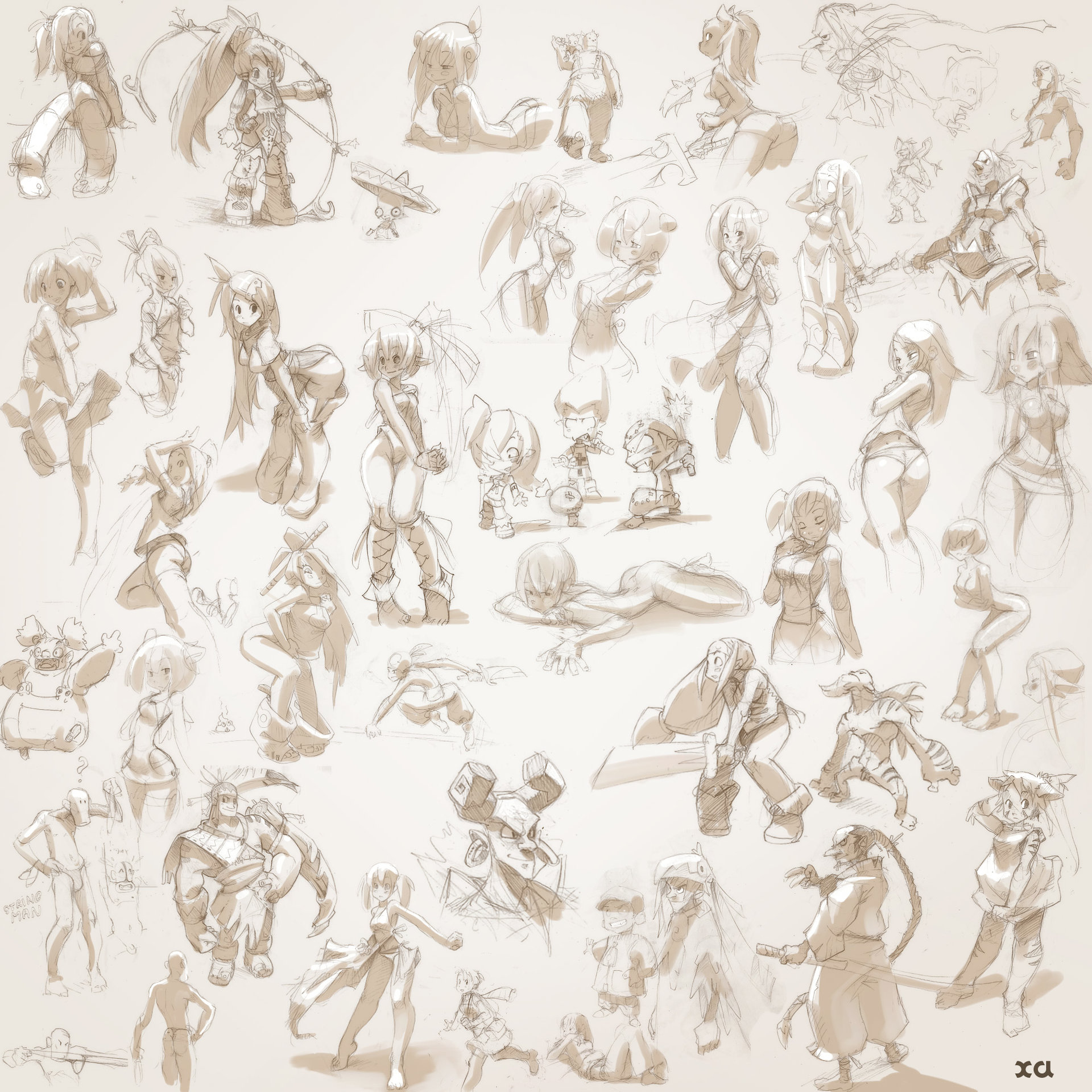 the image is a collection of sketches of anime and cartoon characters, both male and female. the characters are in various poses and expressions, some holding weapons, others wearing armor or hats. some characters are dressed in formal attire, while others are more casual. the art style is loose and whimsical, with a playful and abstract feel. the colors are mostly brown, beige, and white, creating a warm and inviting atmosphere. the sketches are arranged in a random and freeflowing manner, suggesting a creative and spontaneous process.