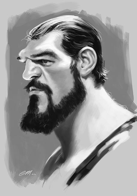 a black and white caricature portrait of a stronglooking man with a full beard, prominent nose, and muscular build. the image is a digital painting with a sketchy, illustrative style. the man is shown in a side view with a neutral expression.