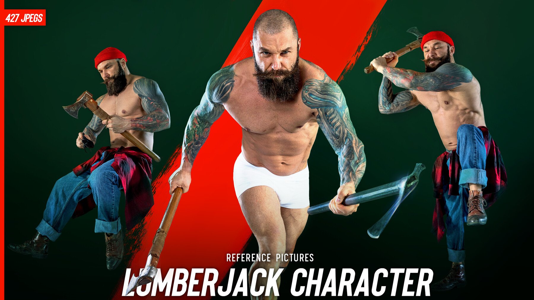 this is a photo of a lumberjack reference image for an artist to use in a piece. it depicts a muscular man with a beard and tattoos, wearing a red hat,  and holding a large axe. the man is posed in a dynamic pose, with his arms raised high and his body tensed. there are three images of the lumberjack, each with a different pose and angle.  the image is set against a green and red background.