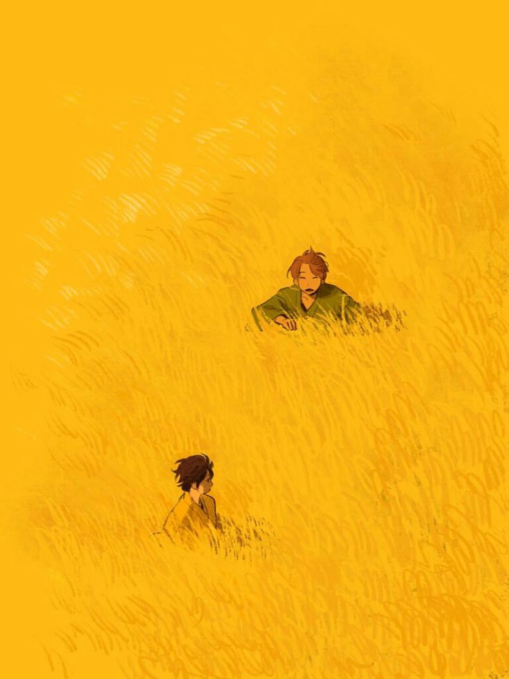 a drawing of two men in a field of tall yellow grass. one man is sitting up and looking down at the other man, who is crouching down. the background is a solid yellow color.