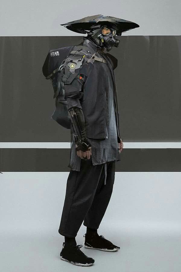 a robot in a futuristic cyberpunk outfit, wearing a black gas mask, hat, and sunglasses, stands in a studio looking stylish and cool.