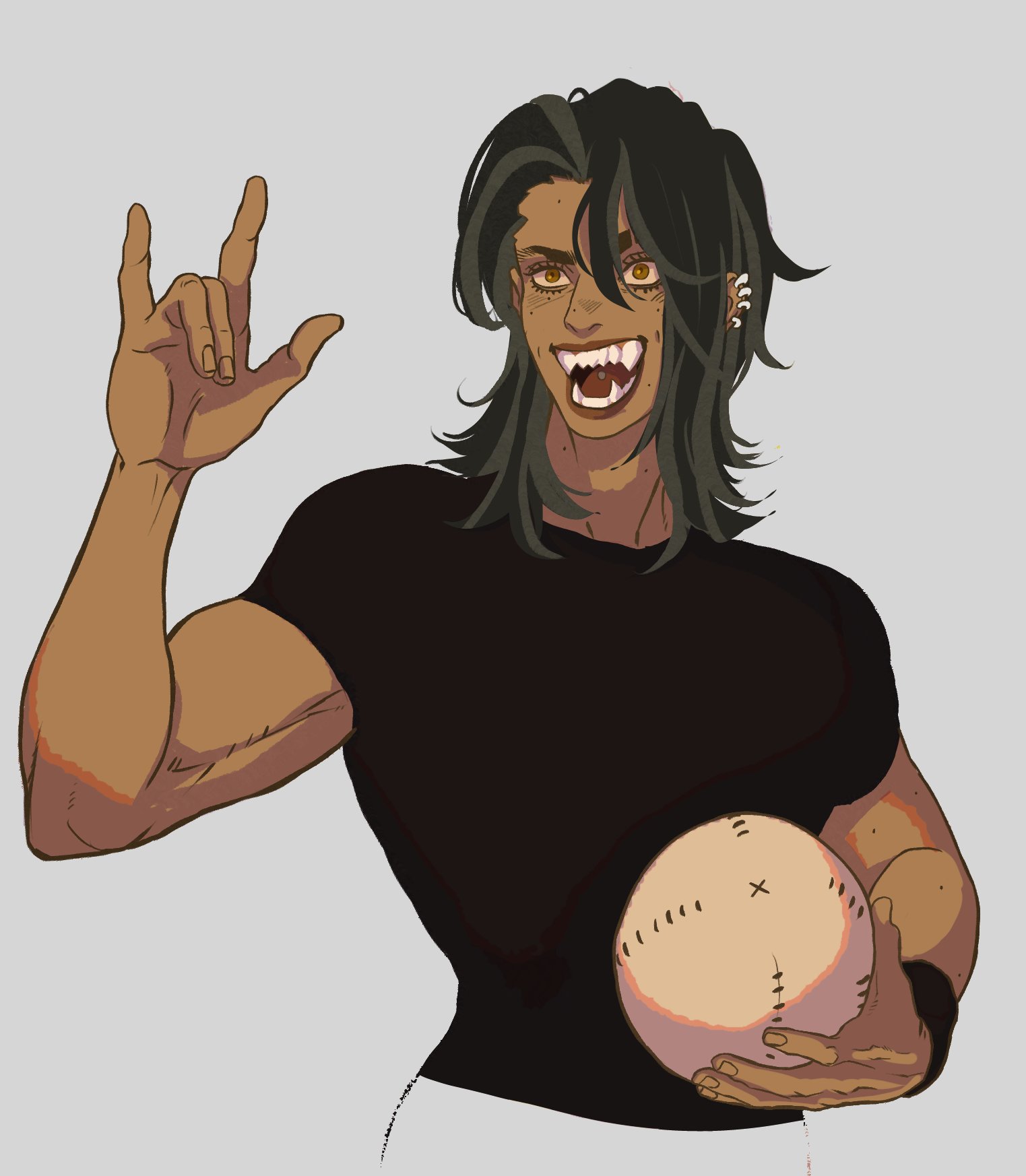a cartoon image of a tan skinned monster man with dark and grey medium length hair. he is wearing a black shirt, showing off his muscles, and jewelry on his ear. his mouth is open, showing off sharp teeth. he is holding a baseball and throwing a hand gesture.