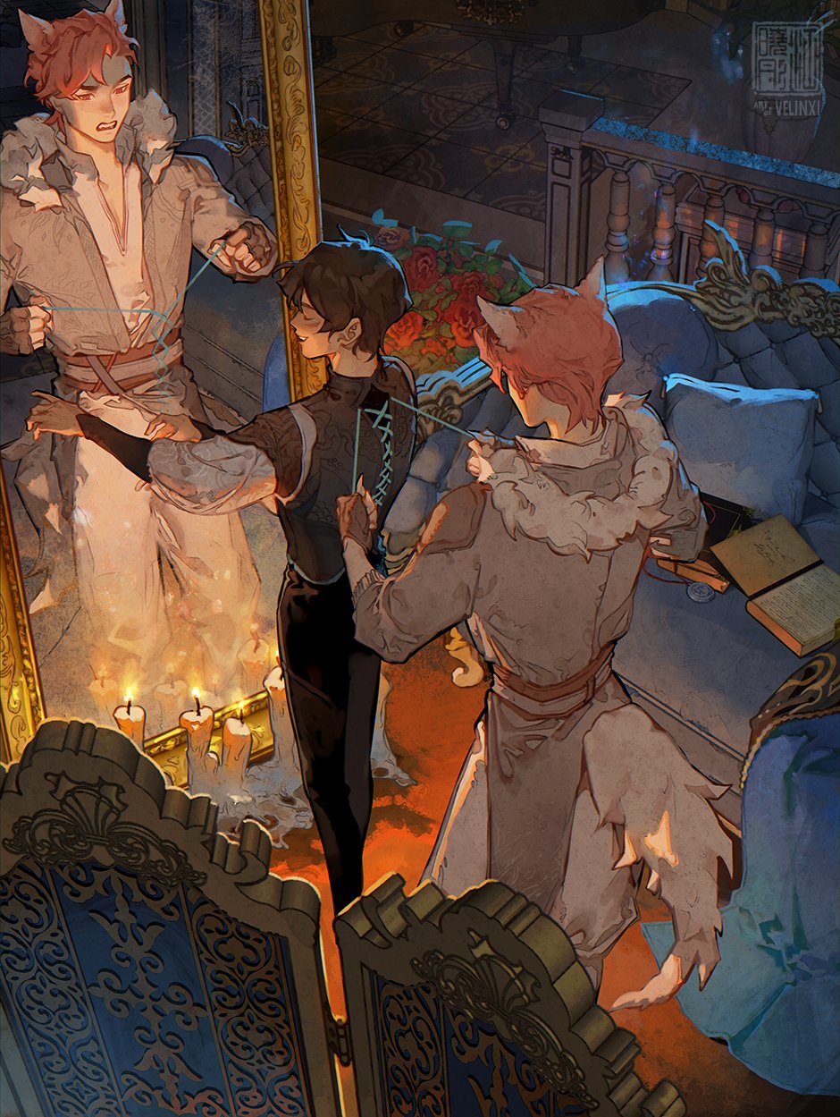 an animestyle illustration shows a tailor fitting a man with wolf ears in an opulent interior. a mirror reflects a similar character with wolf ears looking displeased. candles illuminate the scene, adding a warm glow to the elegant room filled with detailed furniture and decorative elements. the art style is painterly, with soft shading and intricate details.