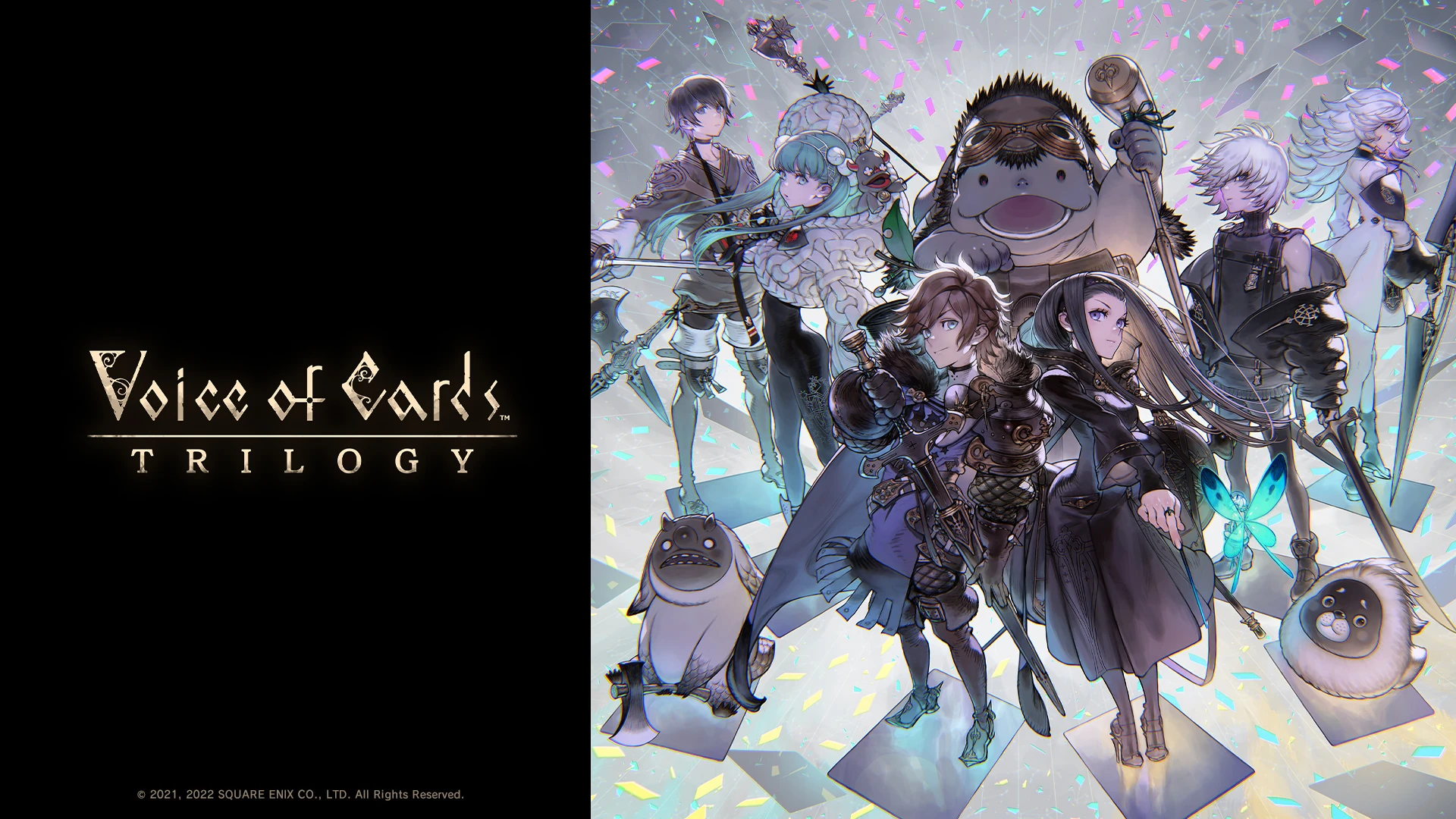 the image showcases promotional art for the "voice of cards trilogy." it features a diverse group of eight characters, seemingly a party from an rpg, positioned against a stylized battlefield backdrop. the art style is reminiscent of classic fantasy illustrations, emphasizing adventure and magic. the color palette is a striking contrast of dark backgrounds with brightly colored characters and details.  the title "voice of cards" and "trilogy" are prominently displayed in stylized fonts.