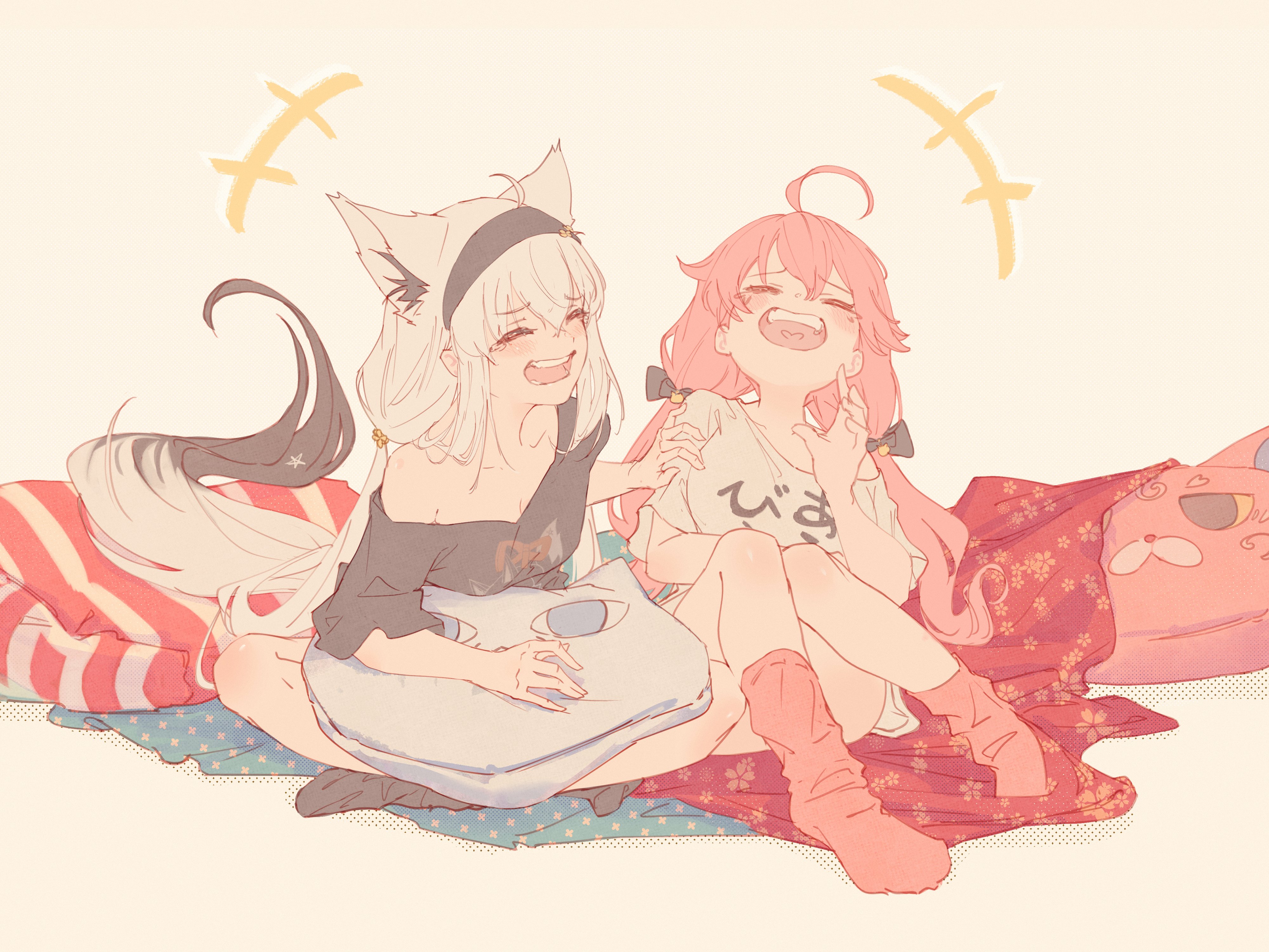 the image is an animestyle illustration of two girls cuddling on a bed.  one girl has long white hair with cat ears and is wearing a dark shirt. the other girl has long pink hair and is wearing a lightcolored shirt with japanese characters on it. both girls are laughing and appear to be very happy and comfortable together. the scene is soft and pastelcolored, with a cozy and playful atmosphere.  they are surrounded by blankets and pillows, one of which is shaped like a cat's face.  the overall style is sweet and whimsical.
