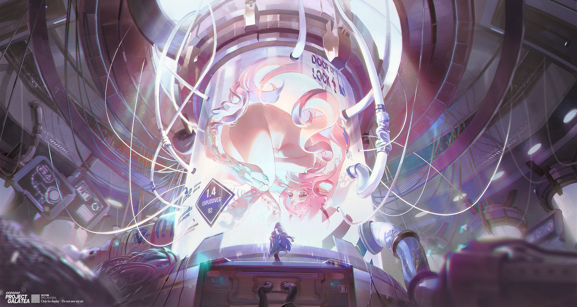a digital illustration depicting a futuristic laboratory setting. a large cylindrical tank dominates the center, containing a young woman with pink hair inside. the tank is labeled with "1.4 explosives" and "door lock." complex networks of pipes and wires surround the tank. a small figure stands on a platform in front of the tank. the artwork has a scifi aesthetic. the image is labeled "project galatea".