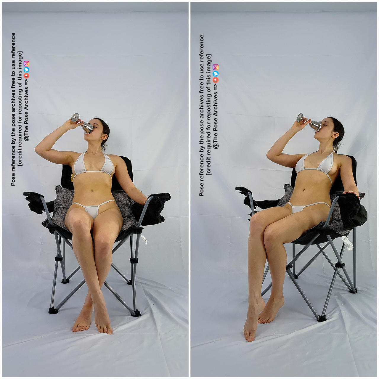 two photos of a woman in a white bikini sitting in a black folding chair while drinking from a silver goblet. the woman is positioned slightly differently in each photo, providing two different poses for reference. the background is a plain white wall, and the lighting is soft and natural.