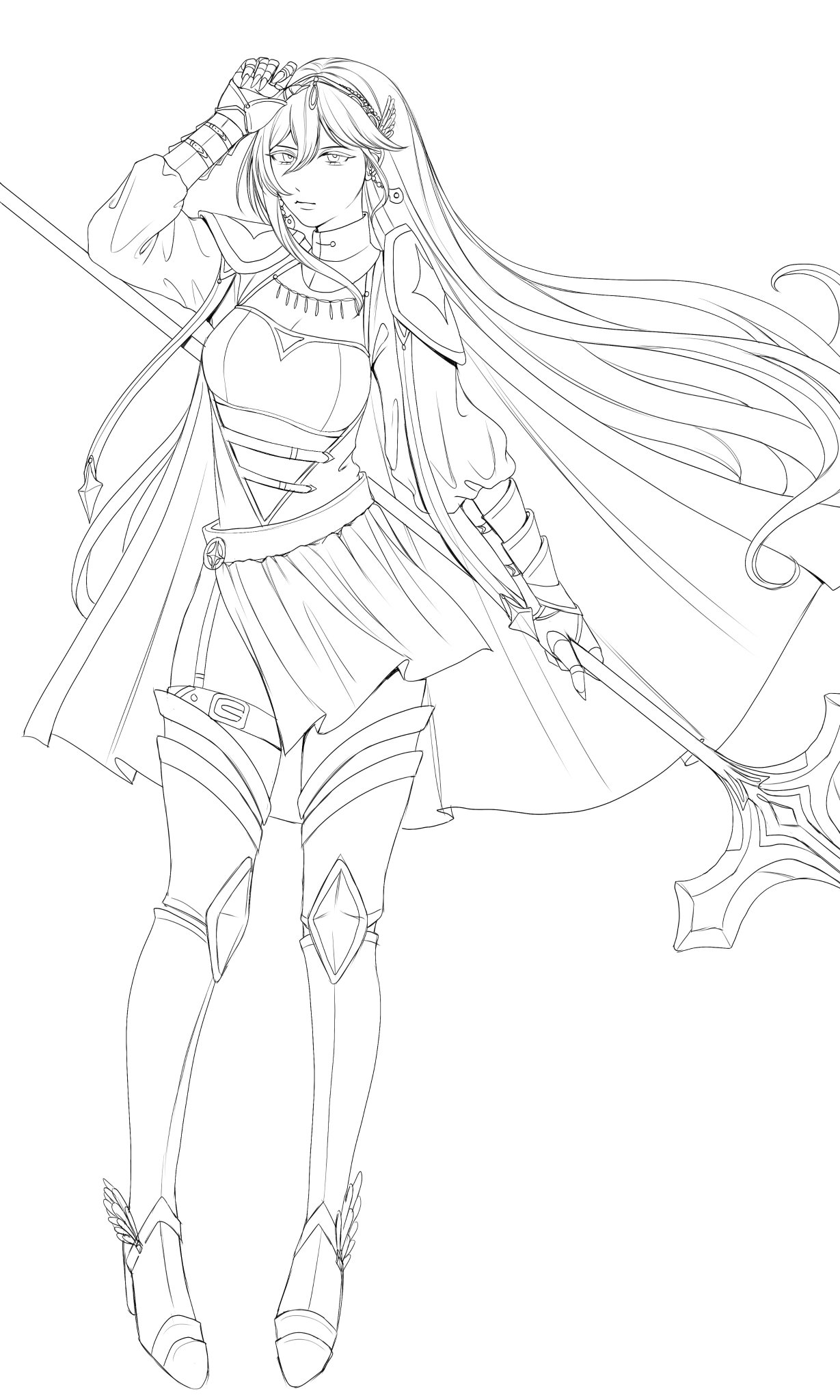 this image features a female anime character, likely a warrior or princess, with long flowing hair, and an intricate outfit that includes armor and a cape. she is holding a spear in her right hand and looking over her shoulder, creating a dynamic pose. the line art style creates a sense of elegance and grace, highlighting the character's features and costume details.
