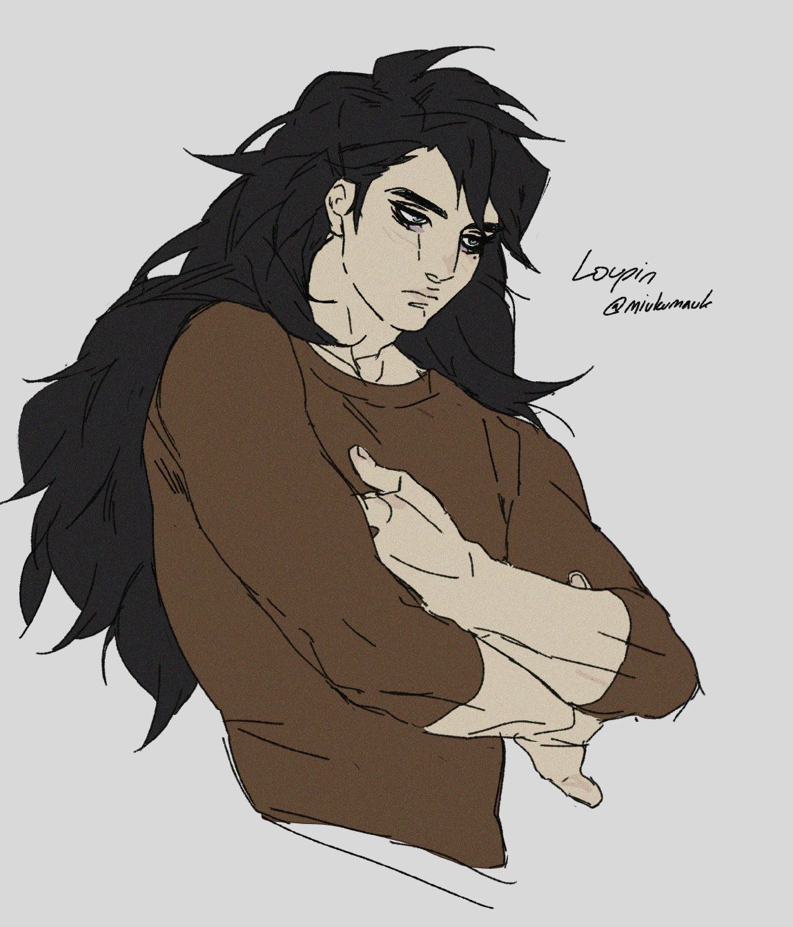 this is a digital art piece of an anime character. the character is a young man with long black hair and brown eyes. he is wearing a brown longsleeved shirt and is standing with his arms crossed over his chest. he appears sad and lonely.  the art style is soft and delicate, with a focus on detail. the character's expression is wellrendered, and his emotions are conveyed through his body language.