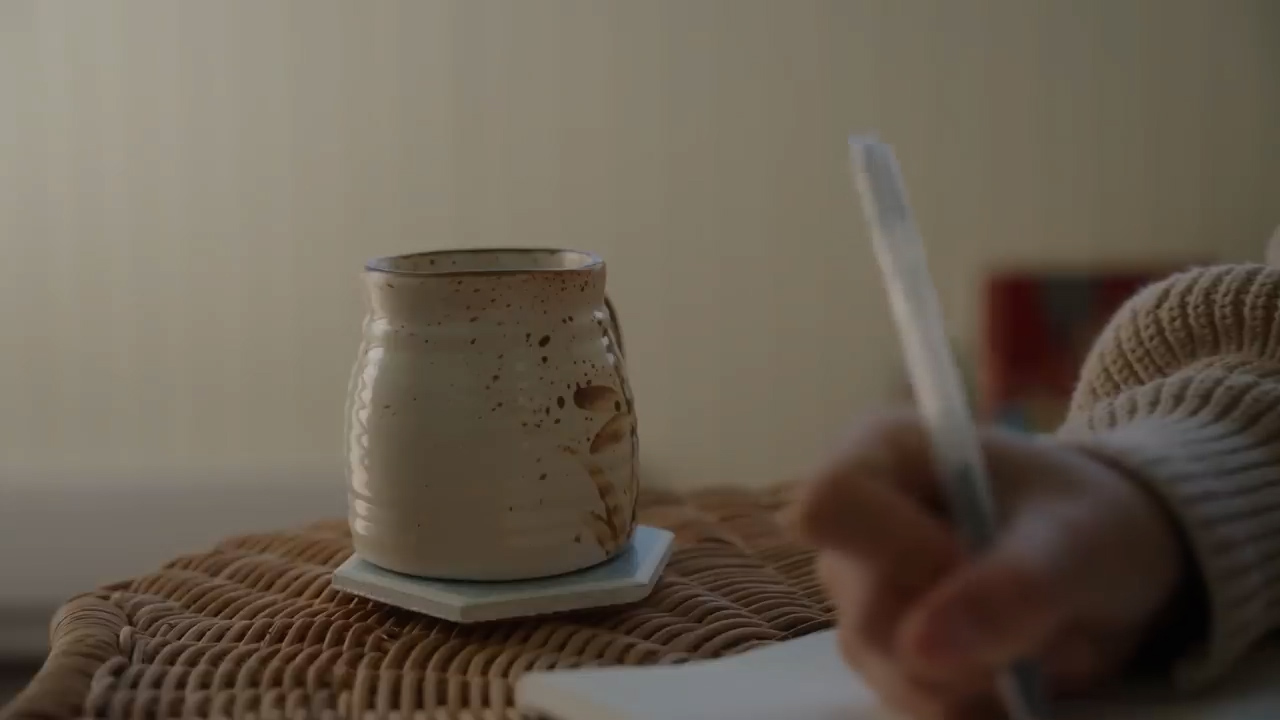 a closeup shot reveals a person's hand writing in a notebook.  the person is wearing a chunky knit sweater. to the left of the notebook sits a ceramic mug on a geometric coaster atop a wicker surface. the mug appears to contain a latte or other warm beverage. the scene is lit with soft, warm lighting, giving the image a calm and cozy feel.