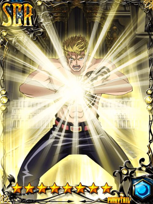 this image is a card from the fairy tail mobile game. it features gajeel redfox, a powerful dragon slayer from the fairy tail guild. he is shown with his iron dragon slayer magic in full effect, with his eyes glowing a bright yellow and a powerful light emanating from his body. his pose is dynamic and full of action. the background is a golden color, giving the image a powerful and magical feel. the card is marked with a "sr" which indicates that it is a rare and valuable card in the game.