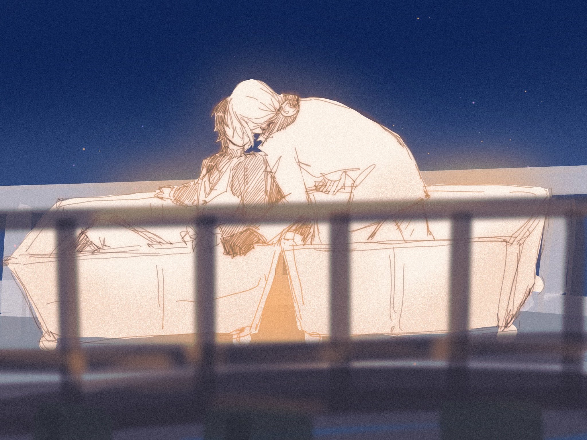 a digital painting of a couple sitting on a balcony at night. the woman is leaning her head on the man's shoulder as he wraps his arm around her. the sky is filled with stars and the couple is silhouetted against the light from a nearby city. the painting is done in a soft, dreamy style and conveys a sense of love, romance, and tenderness.