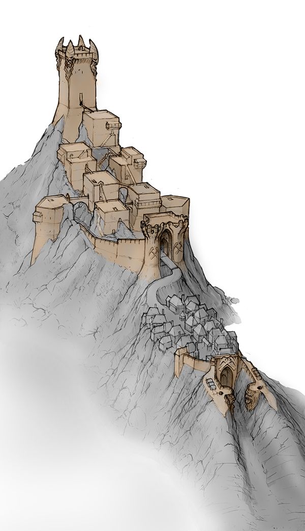 the image shows a drawing of a mountain with a castle fortress built on it. the castle includes towers, buildings, and fortified walls. there is a small town or village lower down on the mountain, with buildings clustered together. the mountain is rocky and steep, with a hint of clouds or mist at the bottom. the overall style is a fantasyinspired, medieval architecture sketch.