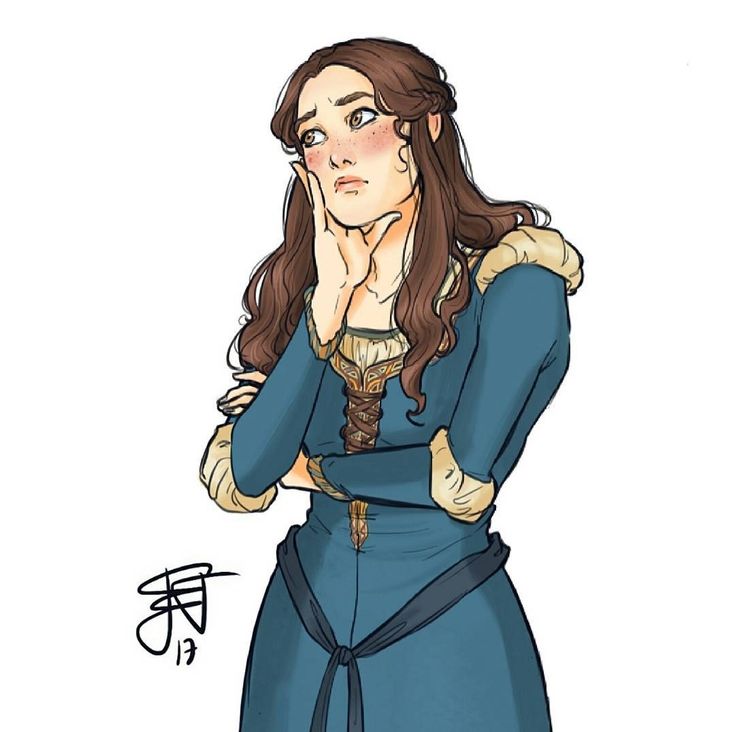 the image is a digital drawing or illustration of a young woman, possibly a princess or noblewoman, from a fantasy or historical setting. she is depicted from the waist up, with her body turned slightly away from the viewer, and her head tilted in a thoughtful expression. her long brown hair is styled neatly, and she wears a long, elegant teal blue dress with medieval or renaissancestyle detailing including fur trim and lacing at the bodice. her arms are crossed, and one hand is resting on her chin, highlighting her pensive mood.  the style is relatively realistic, with attention paid to details such as freckles and shading to give depth to her features. a stylized artist signature is visible in the lower left corner. the background is plain white, which focuses the viewer's attention entirely on the character.