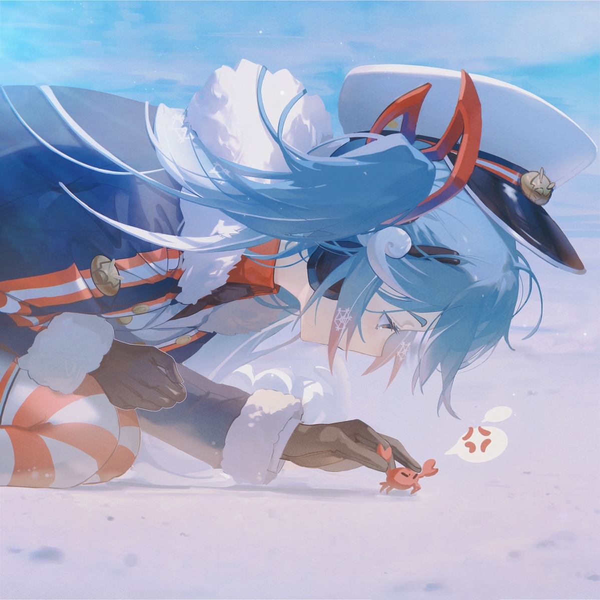 the image depicts an anime girl with blue hair and a sea captain's hat kneeling on a white surface, possibly snow or a beach. she is wearing winter clothes, including gloves and clothing with white fur trim and orange stripes. she is looking at a small crab on the ground, which has an angry expression indicated by a speech bubble with angry symbols. the style of the artwork is consistent with anime. there is a snowflake on the anime girl's face.