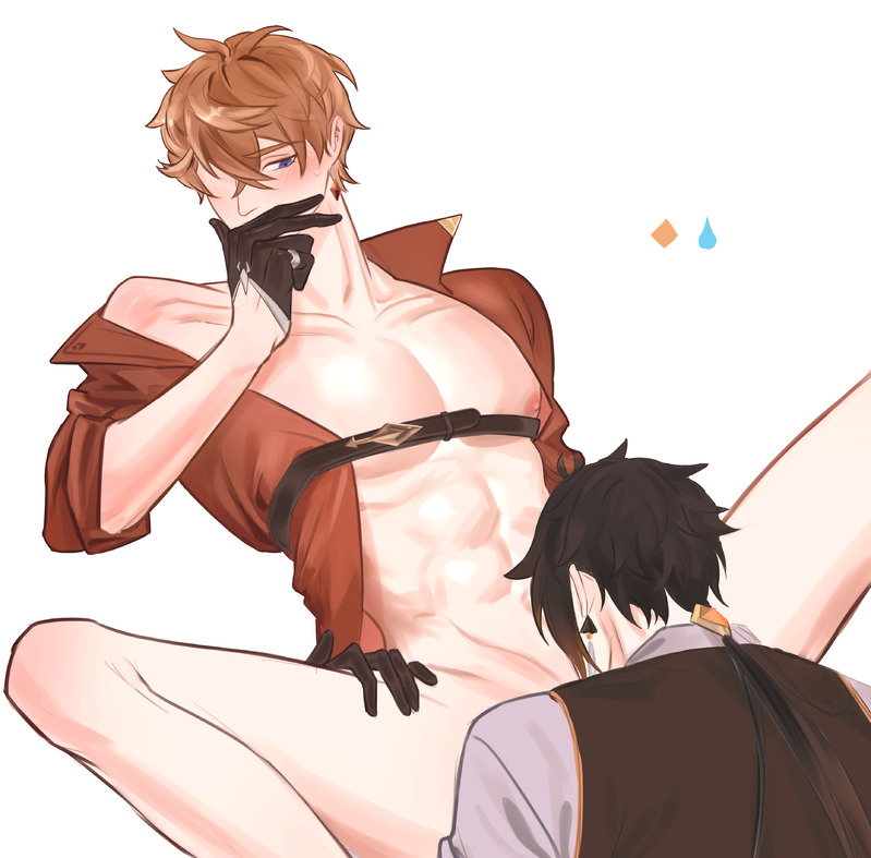 the image depicts a suggestive scene between two animestyle male characters. one, with reddishbrown hair, is partially shirtless and reclines, his hand covering his mouth. the other, with dark hair, is positioned lower, appearing to be engaged in an intimate act with the first character.  the style is soft and sensual, characteristic of fanart in the yaoi/bl genre. the color palette is muted and warm, enhancing the intimacy of the scene.  the art is digitally created with a smooth, almost painterly style.