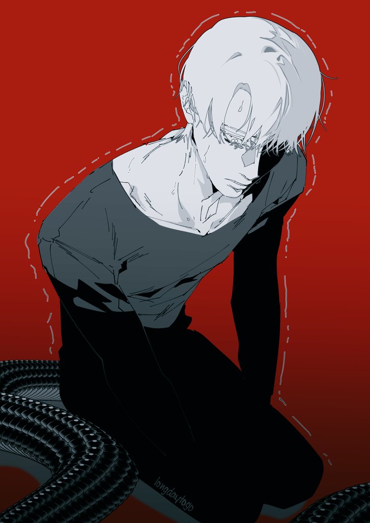 the image is a stylized digital illustration or artwork in an anime/manga style.  it depicts a young, paleskinned male character with short, white hair. he's dressed in dark, almost black clothing, and appears to be crouching or kneeling, his head bowed low.  sweat is visible on his face, and his overall demeanor suggests distress, sadness, or sorrow. he's positioned against a stark red background, and a thick, dark coil of rope is partially visible beneath him. the art style is characterized by sharp lines, strong shadows, and a limited color palette, creating a dramatic and emotionally charged scene. the artist's signature, "longdaytogo," is subtly included in the lower center.