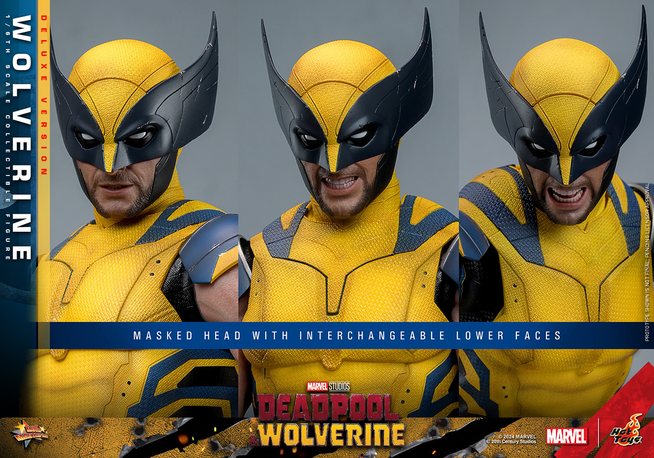 the image showcases a highly detailed action figure of marvel comics' wolverine in his yellow and blue costume. the figure features three interchangeable lower face plates, allowing for different expressions while masked. the background is a stylized studio setting with the "deadpool wolverine" logo prominently displayed.