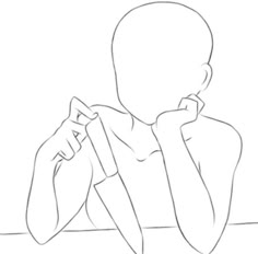 this image is a line drawing sketch of a female figure holding a knife, with her other hand supporting her chin. the figure is drawn in a simple, minimalist style and is likely intended for use as a reference or template for drawing.