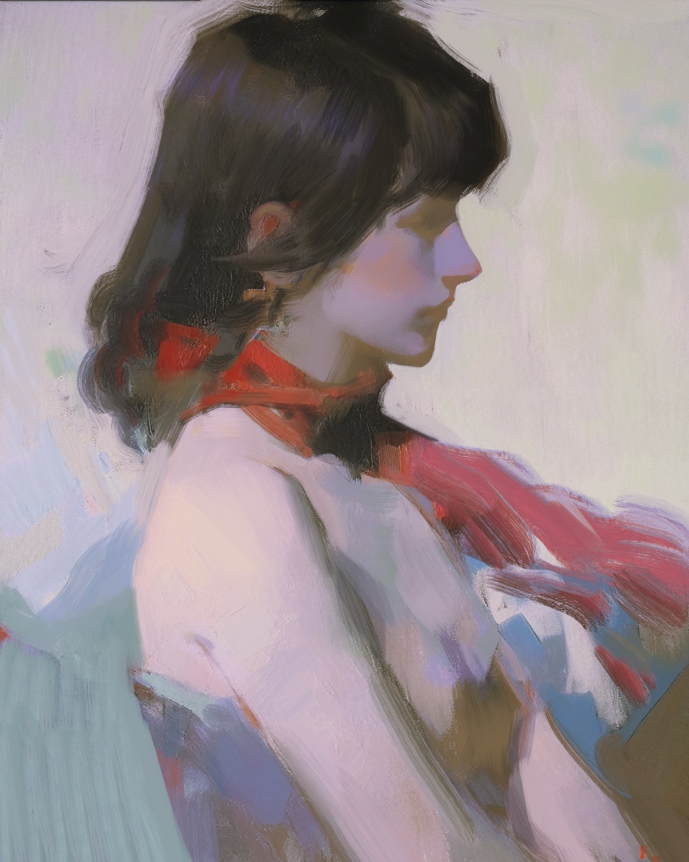 a closeup oil painting of a woman with dark brown hair wearing a red scarf. the woman is facing to the side, and her face is turned slightly towards the viewer. her hair is long and flowing, and her skin is pale. the painting is done in a realistic style, with brushstrokes visible on the canvas. the background is a light, blurry blur.