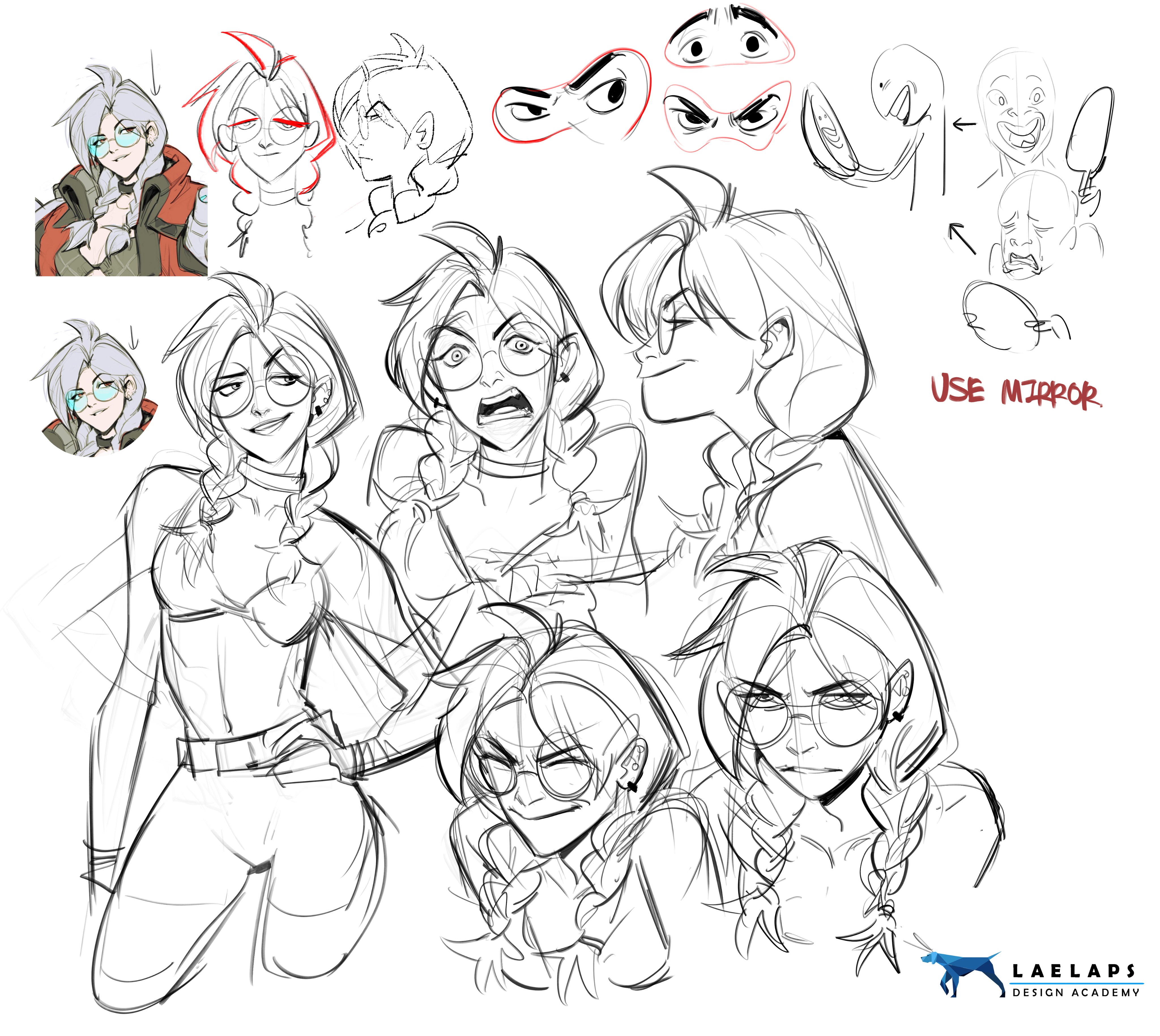 he image contains a collection of character design sketches, primarily focusing on female characters with varying expressions and poses.  the sketches are in a loose, dynamic style, common in concept art and character design development.  several sketches explore different facial expressions and eye shapes, while others show fullbody poses.  some sketches are more refined than others, indicating different stages of the design process.  there are also smaller sketches depicting expressions and the suggestion to use a mirror to study facial features. the sketches are done in black and white, with a sketchy, unfinished look.  the laelaps design academy logo is present in the bottom right corner.