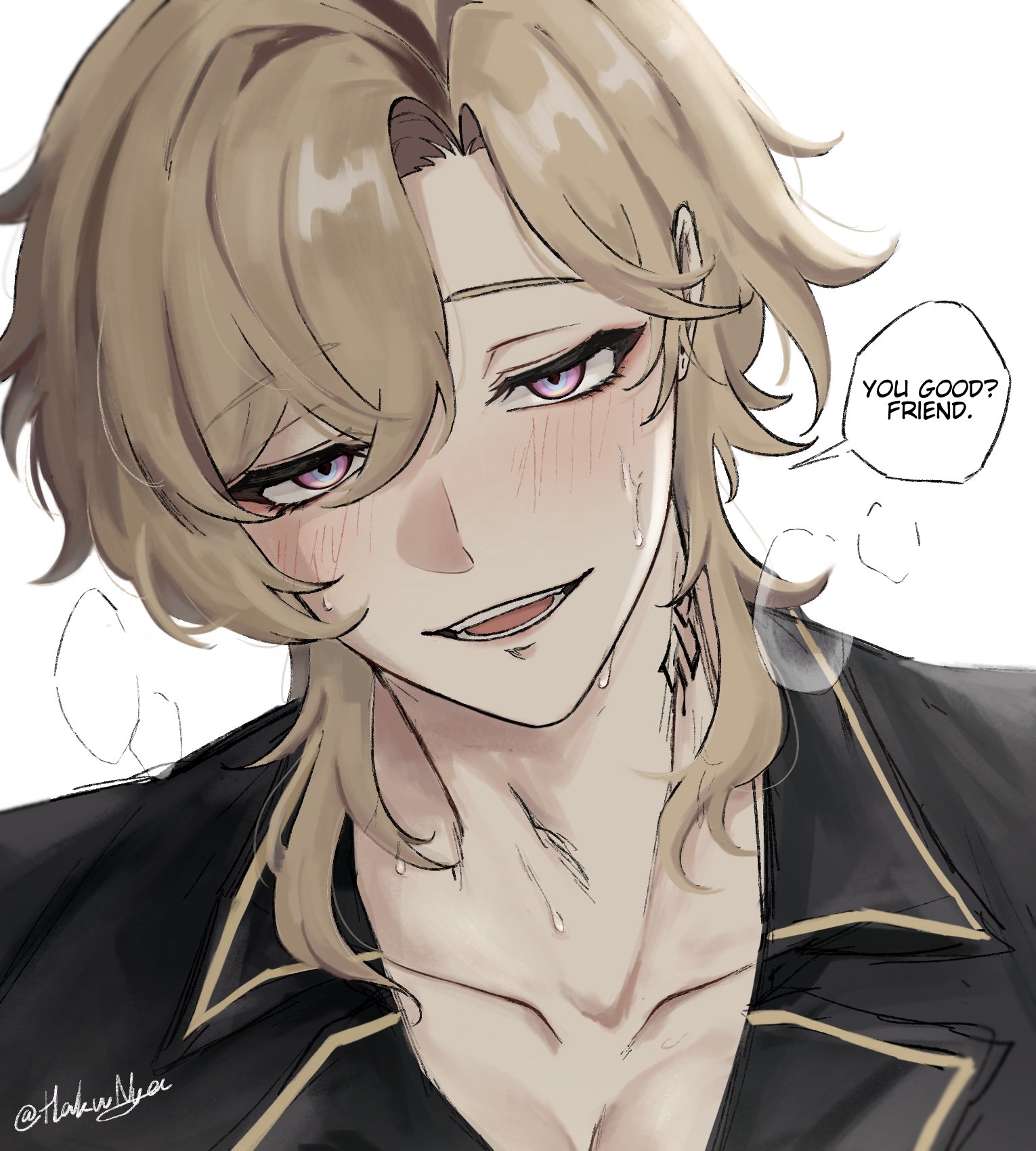 this image is a digital illustration of an anime character. it depicts a male anime character with blond hair, pale skin, and bright pink blush on his cheeks. he's wearing a black outfit with gold trim and has a faint neck tattoo. the character is looking directly at the viewer with a charming smile and a light blush on his cheeks. sweat is dripping down his face and chest, adding a sense of playful sensuality to the image. his eyes are a soft purple color, and he has a faint hint of mischief in his gaze. the image also includes a speech bubble above the character's head that says "you good? friend." in a playfully suggestive way, adding to the overall charm and intimacy of the illustration.