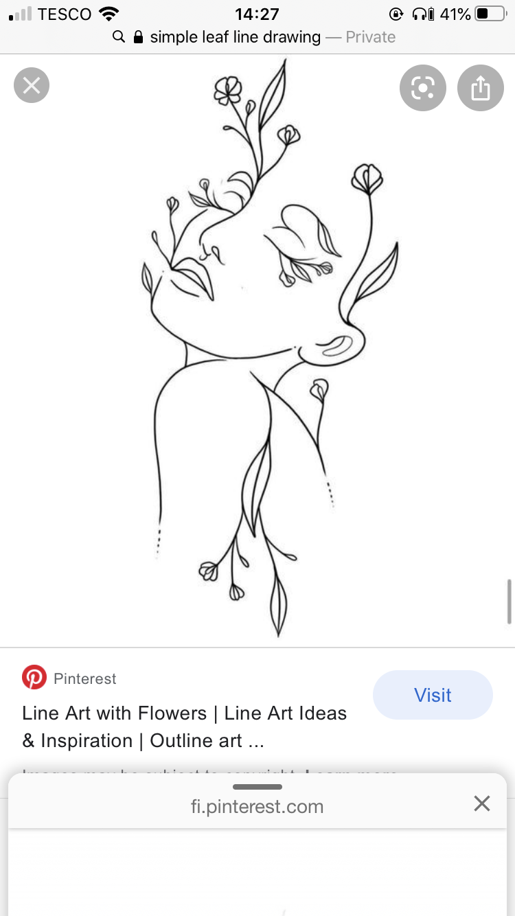the image is a line art drawing of a woman's face surrounded by flowers and leaves. the drawing is done in a minimalist style with clean lines and simple shapes. the woman's eyes are closed, and her expression is serene.  the flowers are delicate and whimsical, adding a touch of beauty and femininity to the drawing.