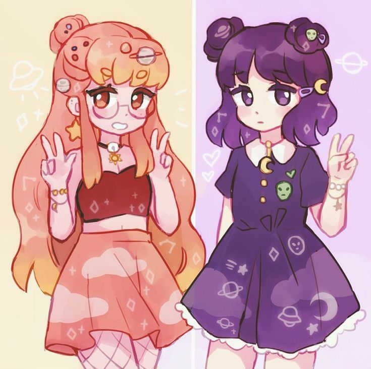 two anime girls, one with pink hair and a pink dress and one with purple hair and a purple dress, are standing side by side. they are both smiling and holding up peace signs. both are wearing dresses with a space theme, with stars, planets, clouds, and aliens. the girl with pink hair has on glasses and a red top under her dress. the girl with purple hair has a white collar on her dress. they look like friends.