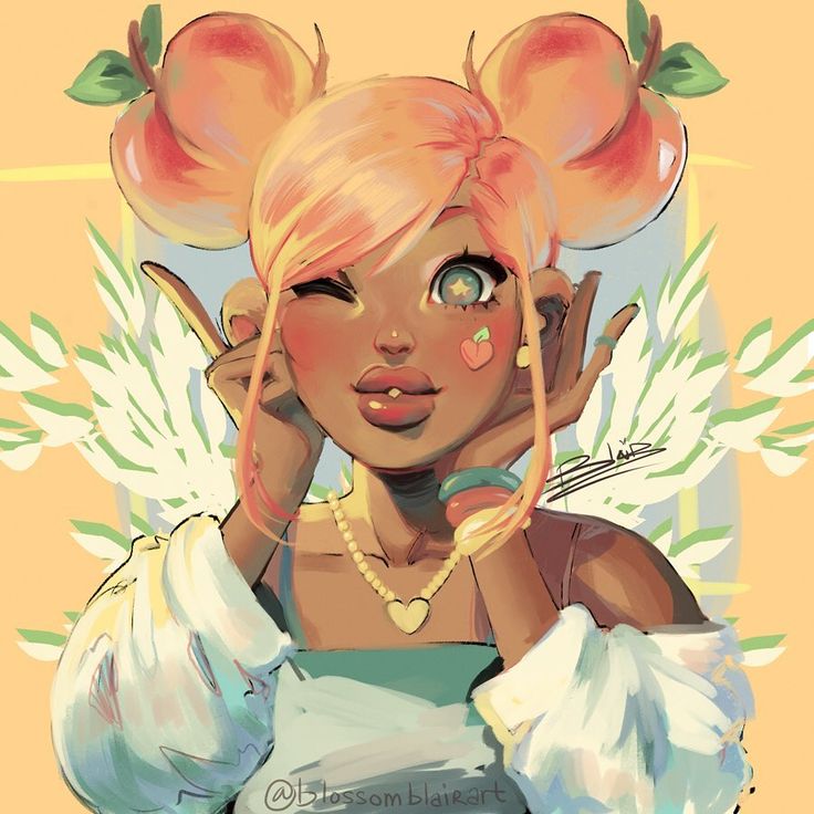 a digital art illustration of a cute, animestyle girl with peach hair buns, winking at the viewer and smiling. she has brown skin, bright pink lips, and a heartshaped necklace. the background features white and green flower designs. the image evokes a sense of happiness and joy.