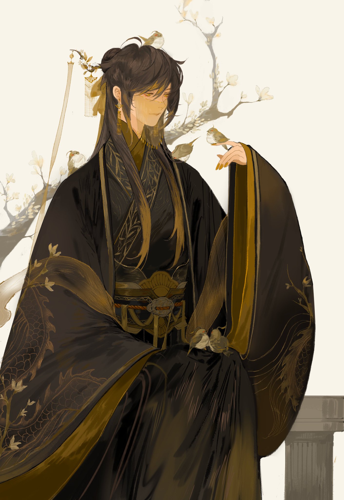 the image shows a male character with long black hair and brown eyes sitting on a stone ledge. he is wearing a traditional japanese kimono with elaborate gold embroidery. he has a bird perched on his hand, and other birds are flying around him. there is a tree with white flowers behind him. the background is a white canvas, and the character is depicted in a stylized, almost ethereal, manner. the artist's use of color and detail create a visually stunning and evocative portrait of the character. the image is full of elegance and grace. the character's expression is calm and composed, suggesting a sense of tranquility. the overall tone of the image is one of beauty and peace.