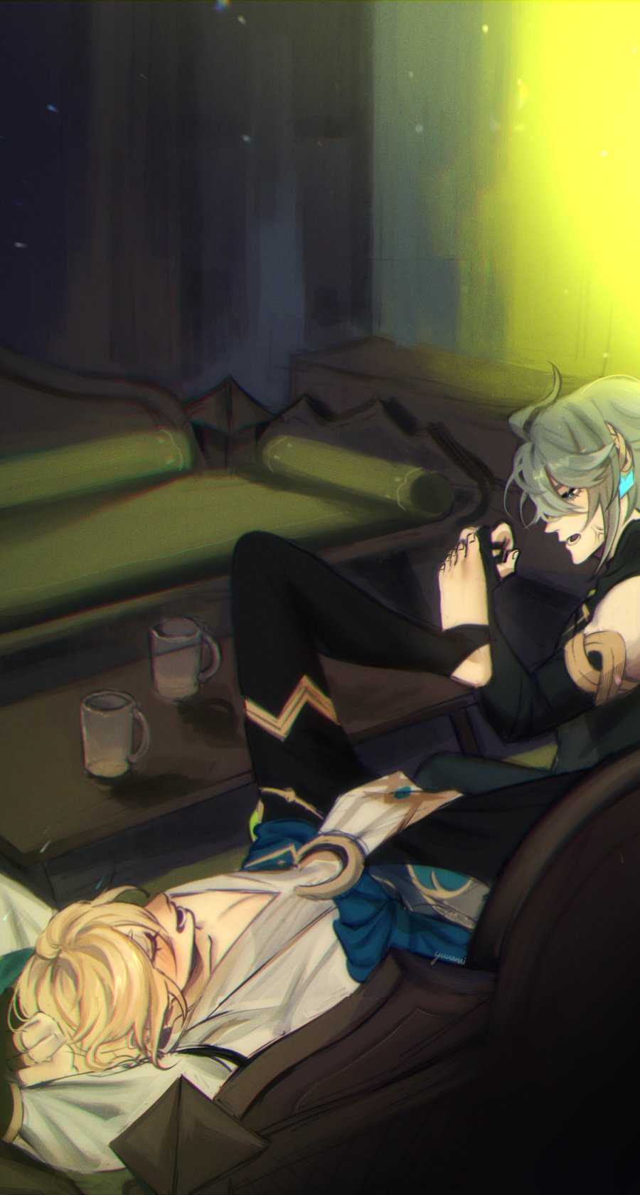 the image depicts a young girl, with long, flowing silver hair and wearing a black and white outfit, seated on a couch and leaning over towards a young man who is lying down with a white and blue outfit, with light blond hair.  the room is dark, except for a patch of light coming from the right side of the image, casting an ethereal glow over the figures.