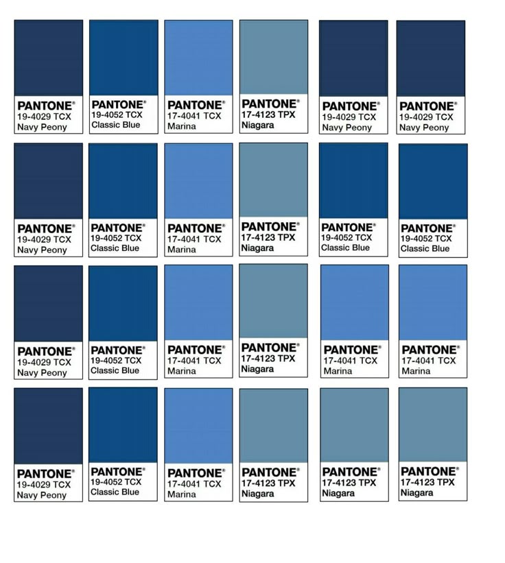the image shows a collection of pantone color swatches in varying shades of blue. each swatch is labeled with its corresponding pantone code and name: pantone 194029 tcx navy peony, pantone 194052 tcx classic blue, pantone 174041 tcx marina, and pantone 174123 tpx niagara. the swatches are arranged in a grid pattern, showcasing the different hues and tones of blue.