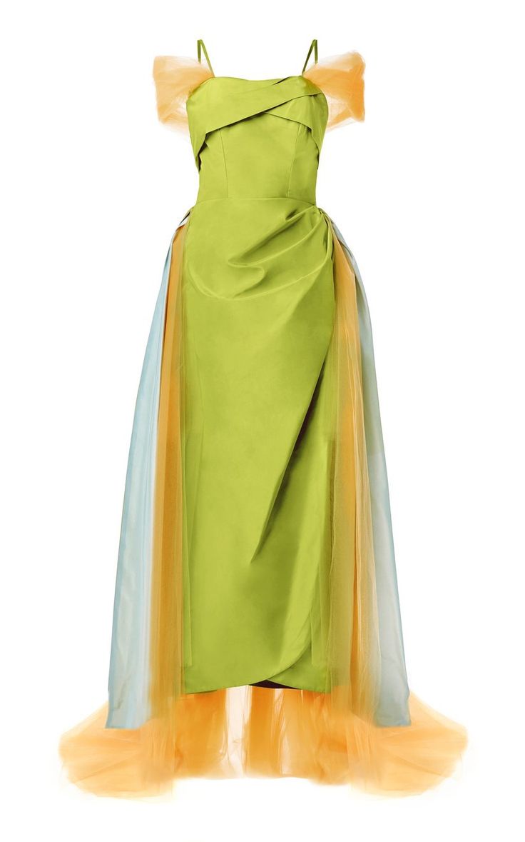 a strapless green gown with light blue and orange tulle is shown. the main material is a light green with an asymmetrical, wrapped bodice. the thin straps attach to the top of the dress. light blue and orange tulle extends outward from the dress, and there are puffy orange tulle accents around the straps.